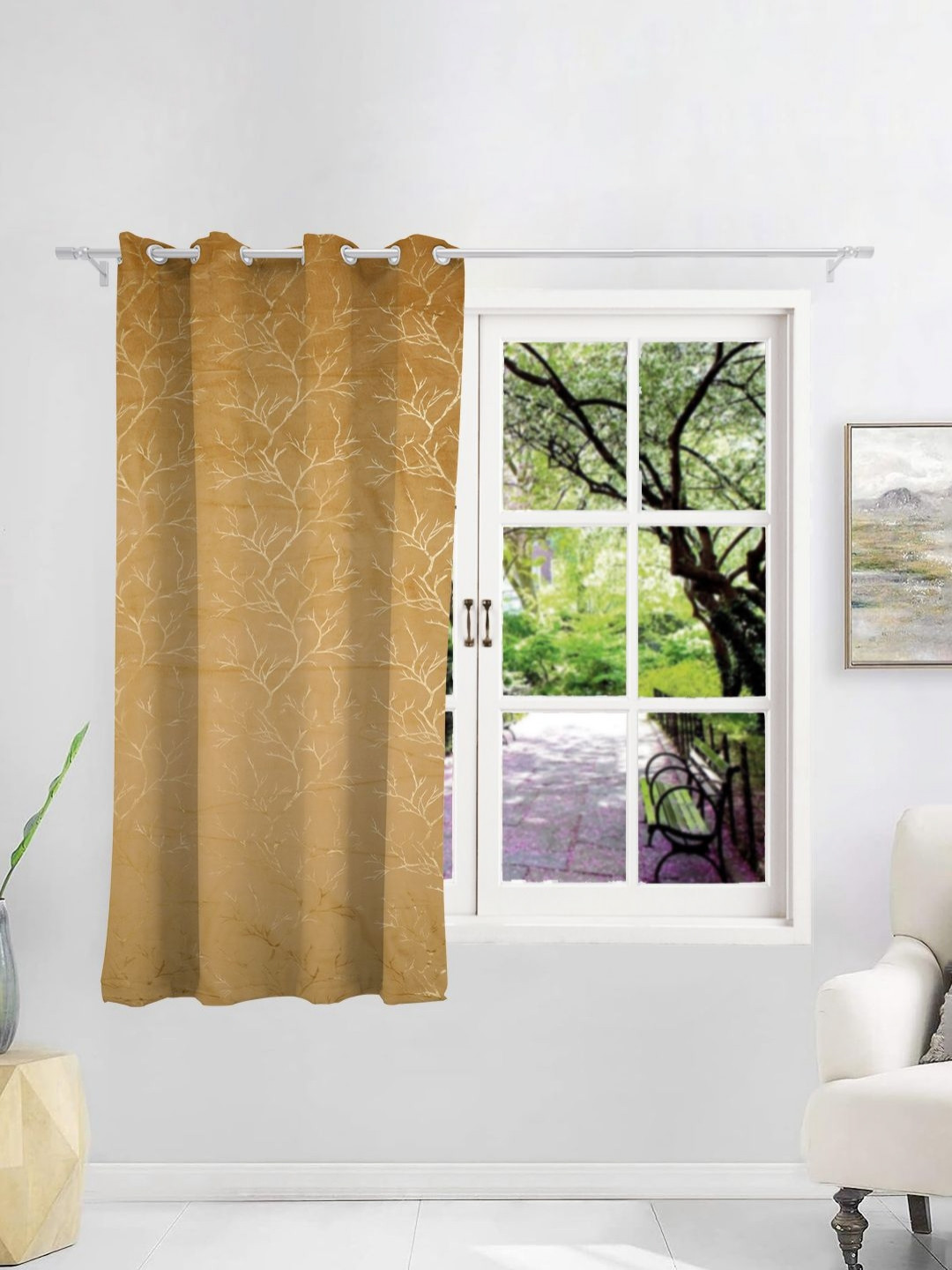 

THE CONVERSION Beige Abstract Printed Premium Velvet Room Darkening Window Curtain