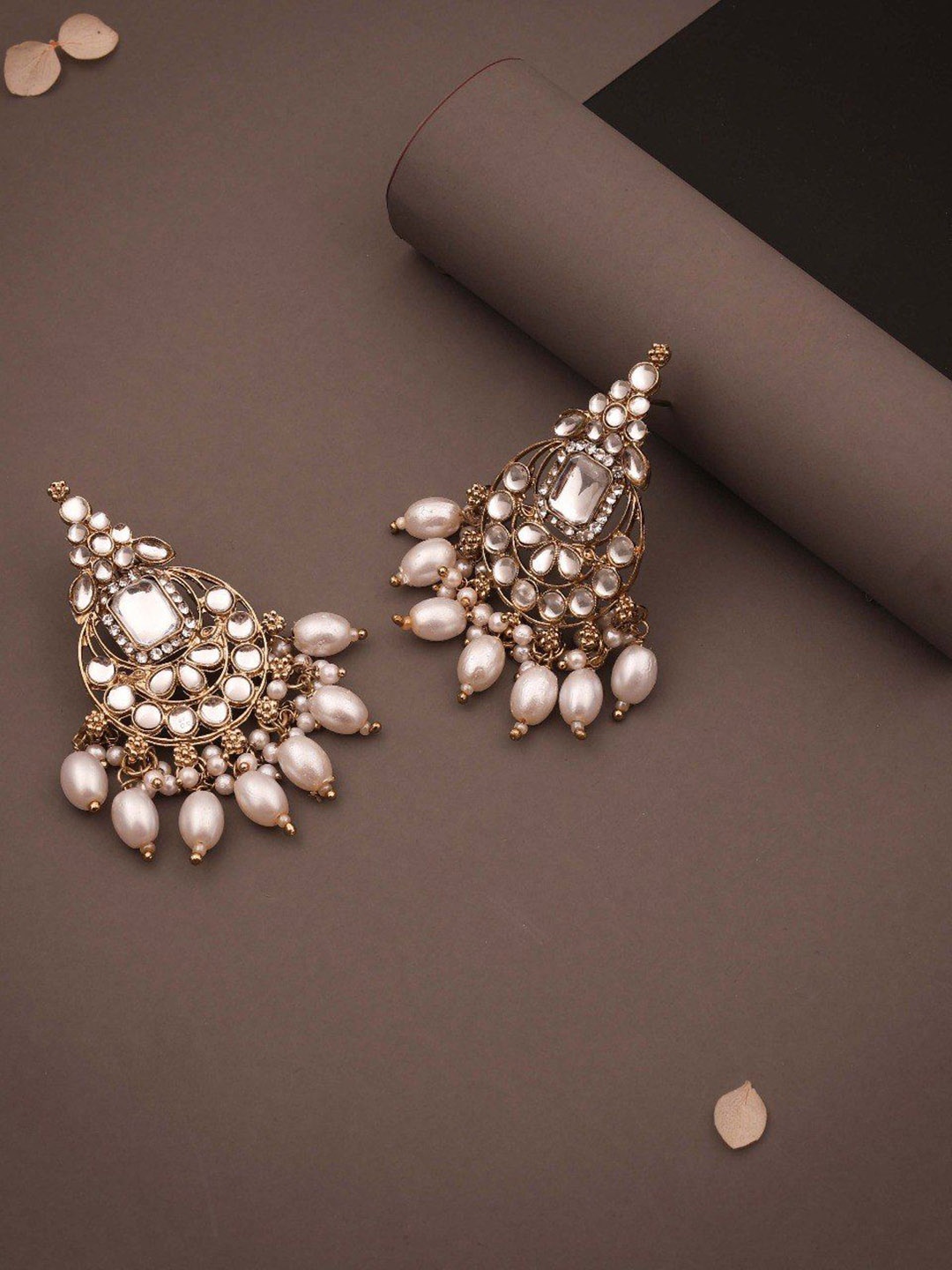 

Lyriss Gold Plated Artificial Stone Studded & Beaded Contemporary Drop Earrings