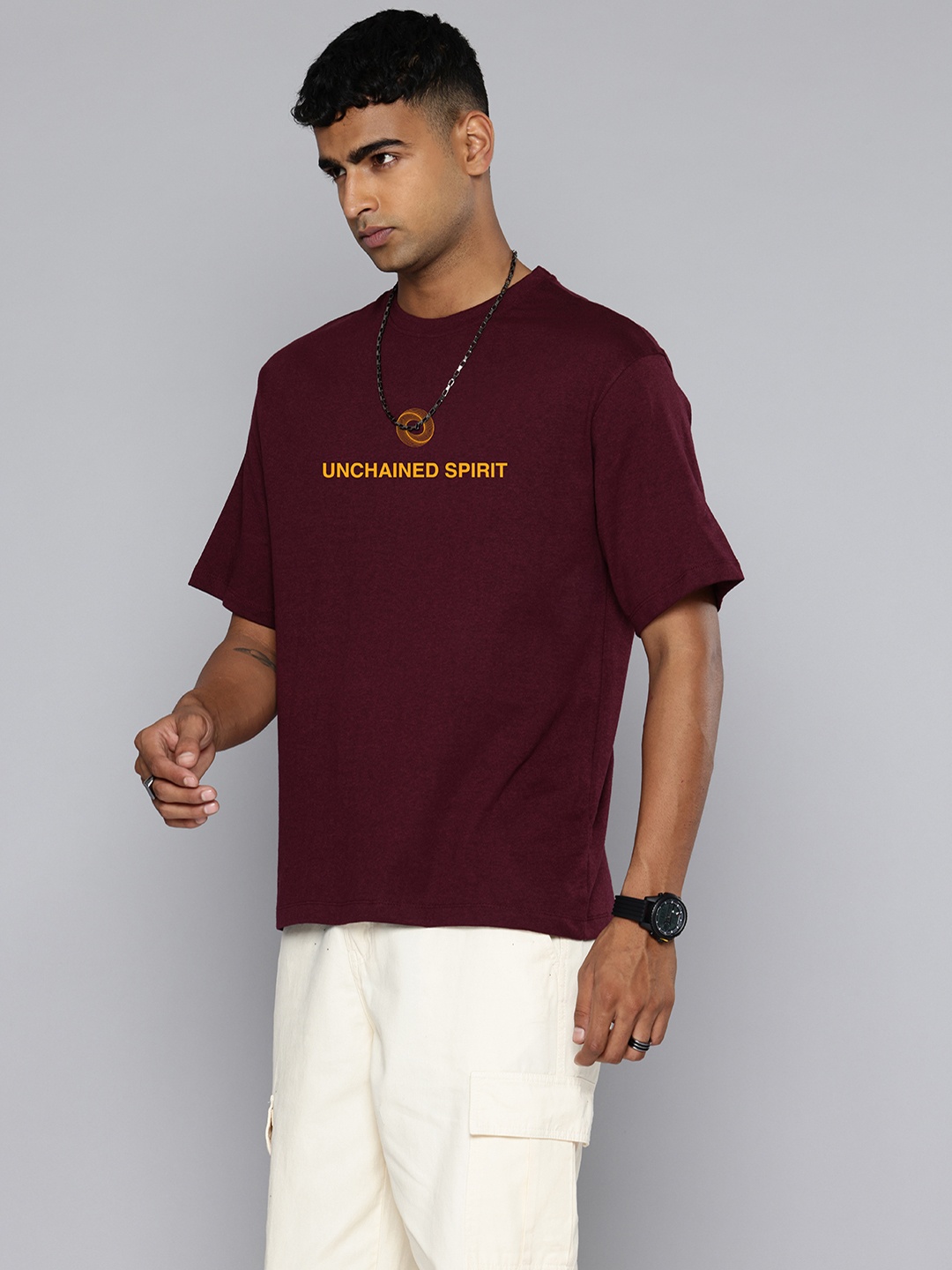 

R.Code by The Roadster Lifestyle Co. Men Printed Cotton Relaxed Fit T-shirt, Burgundy