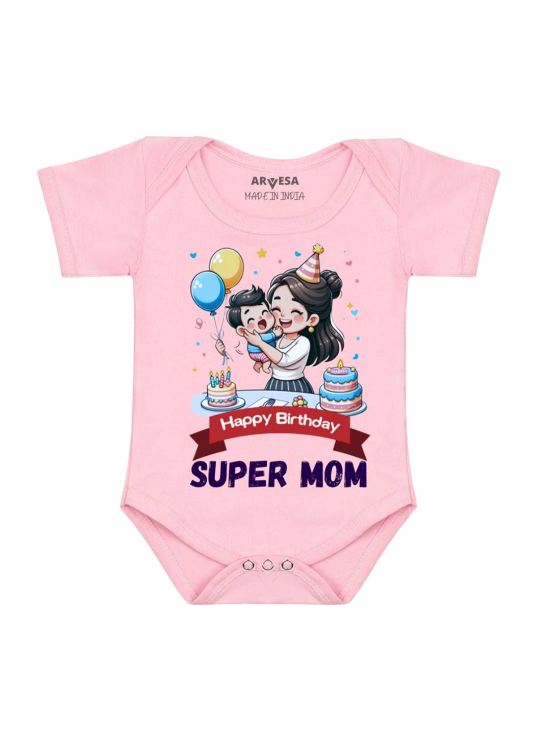 

Arvesa Infants Kids Happy Birthday Super Mom Printed Cotton Romper, Pink