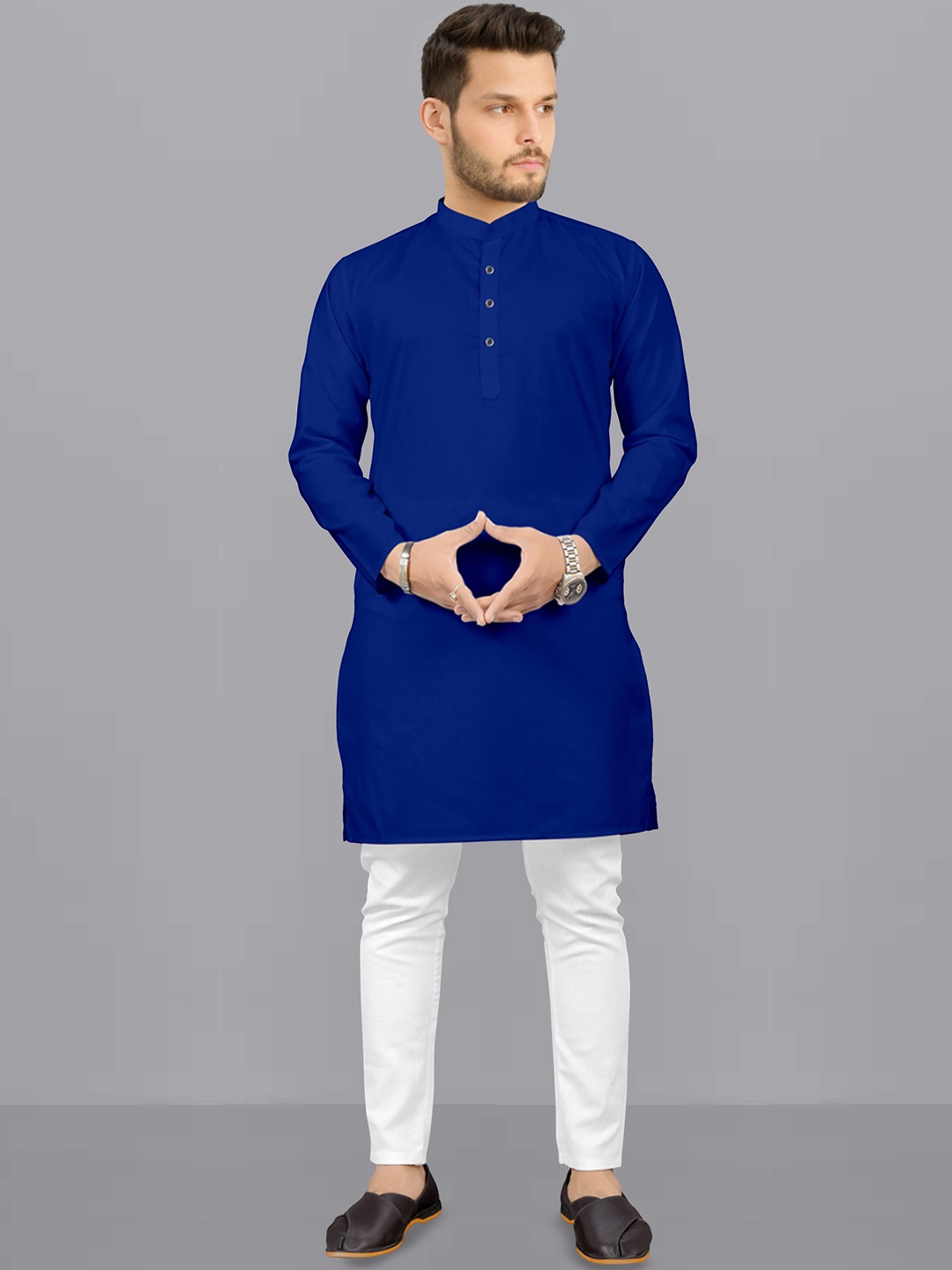 

Fashion FRICKS Band Collar Straight Kurta With Pyjamas, Blue