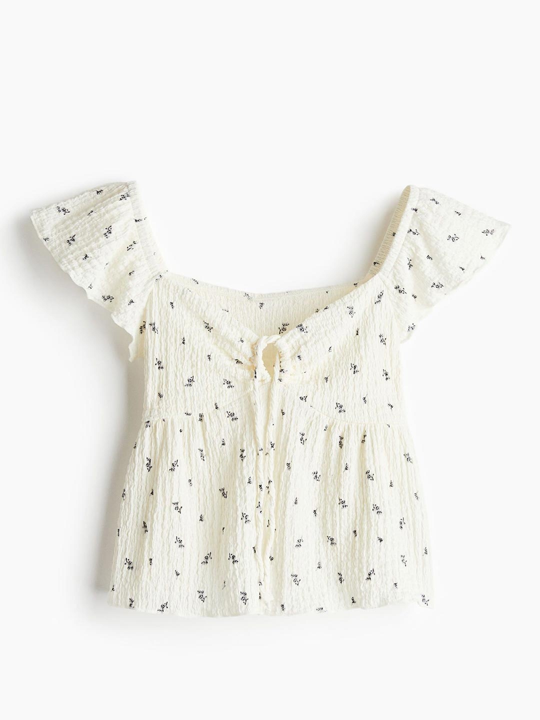 

H&M Crinkled Flutter-Sleeved Top, White