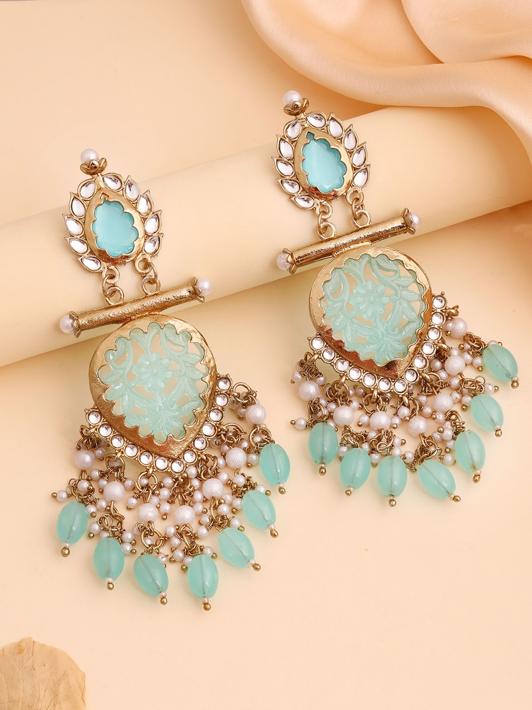 

Lyriss Gold Plated Artificial Stone Studded & Beaded Contemporary Drop Earrings