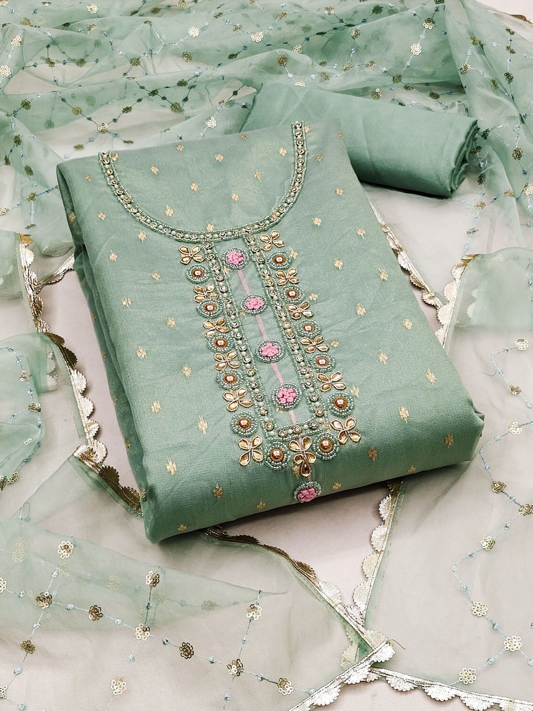 

SAINOOR Organza Semi-Stitched Dress Material, Sea green