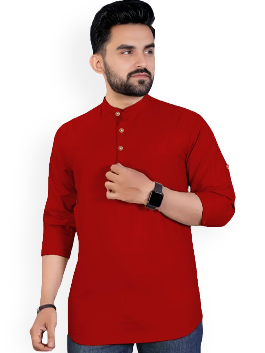 

univibe Band Collar Pure Cotton Straight Slim Fit Short Kurta, Red