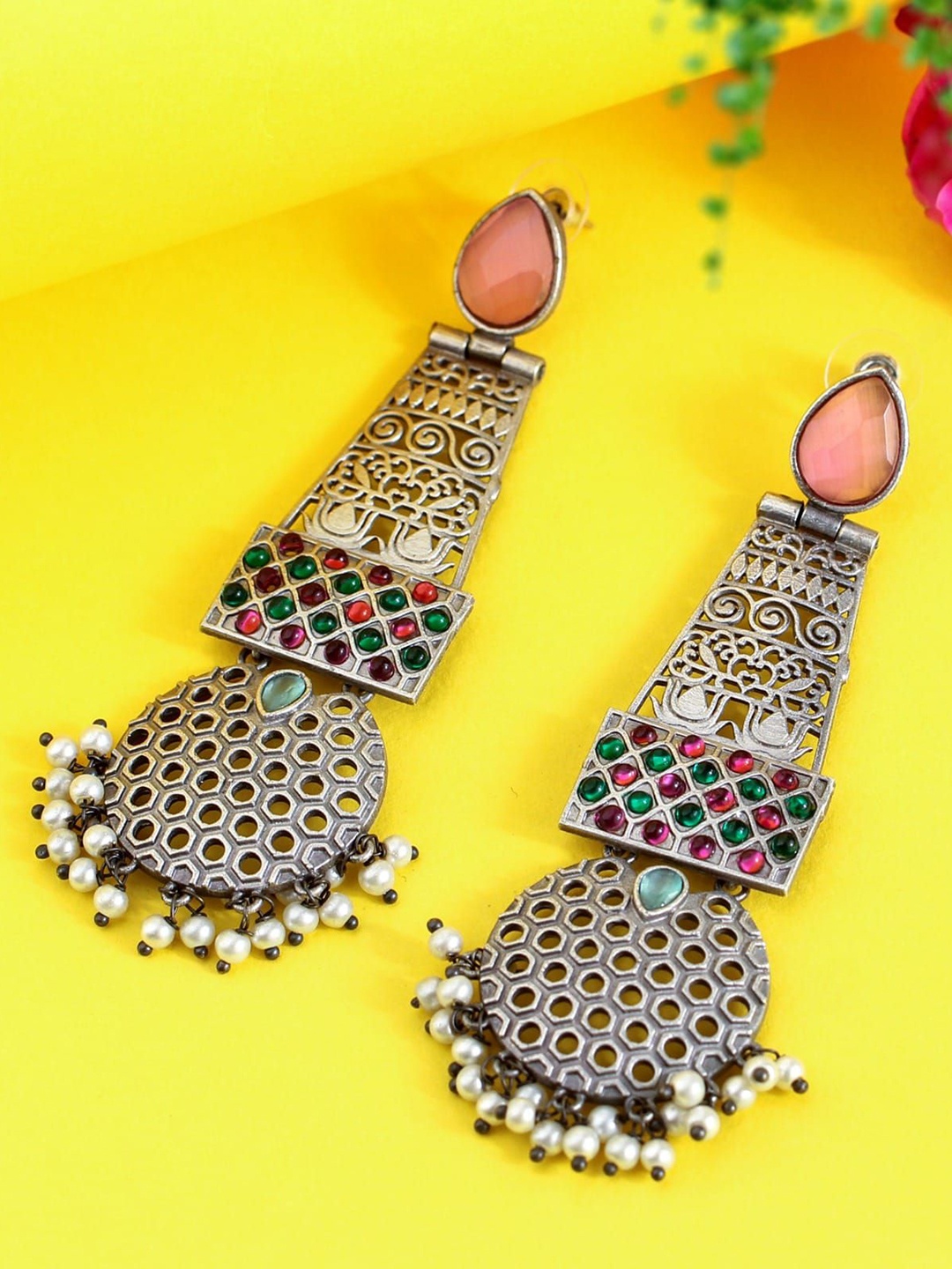 

SANAA CREATIONS Silver-Plated Artificial Stones Studded & Beaded Oxidised Drop Earrings