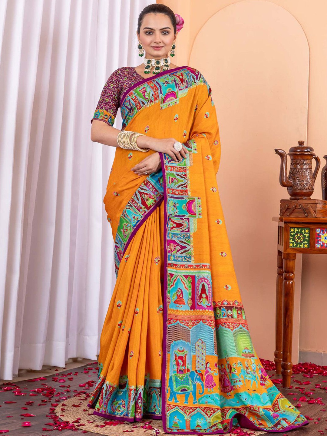 

Anouk Ethnic Motifs Silk Blend Saree, Mustard