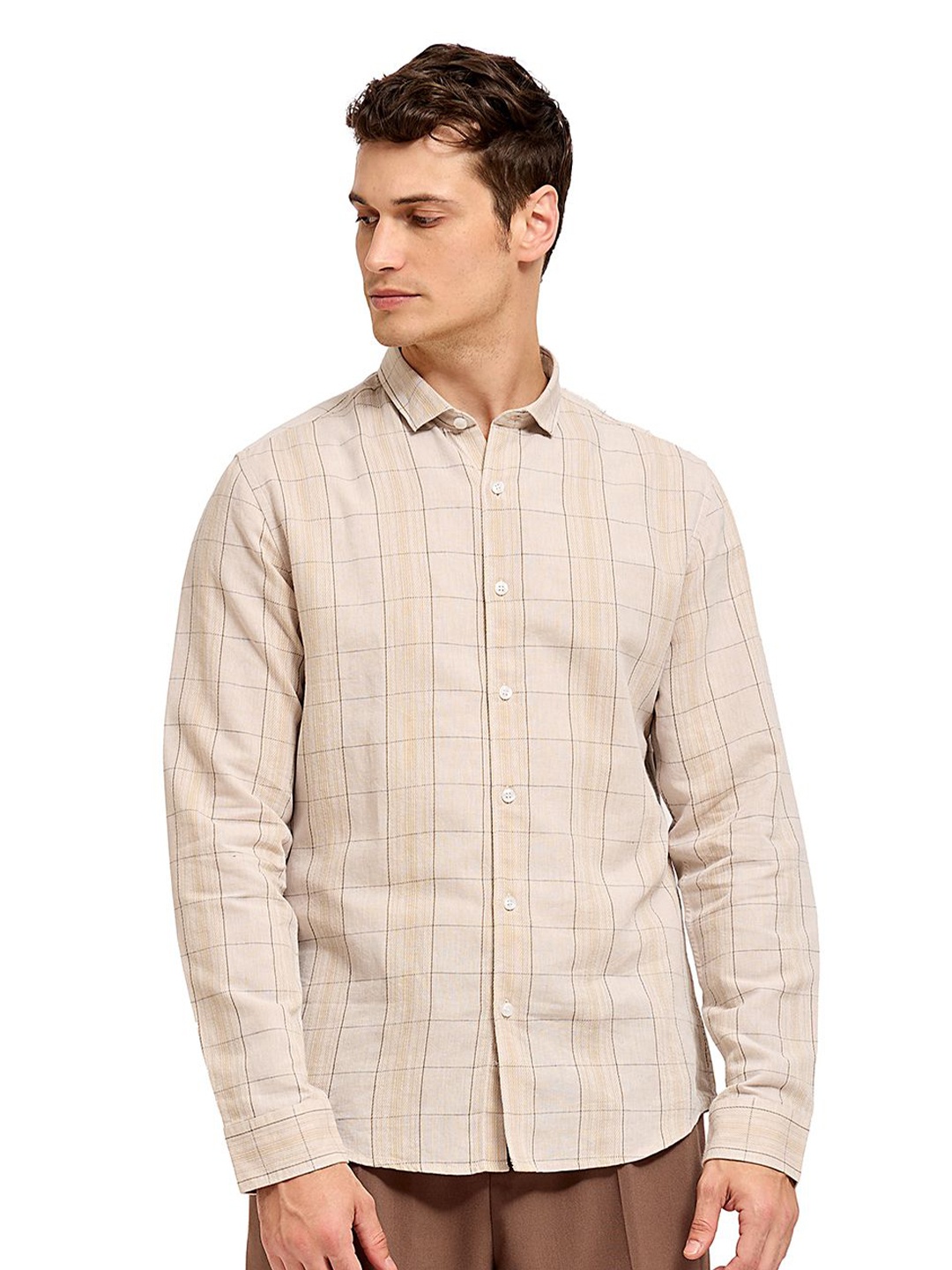 

Mast & Harbour Men Comfort Opaque Checked Casual Shirt, Beige