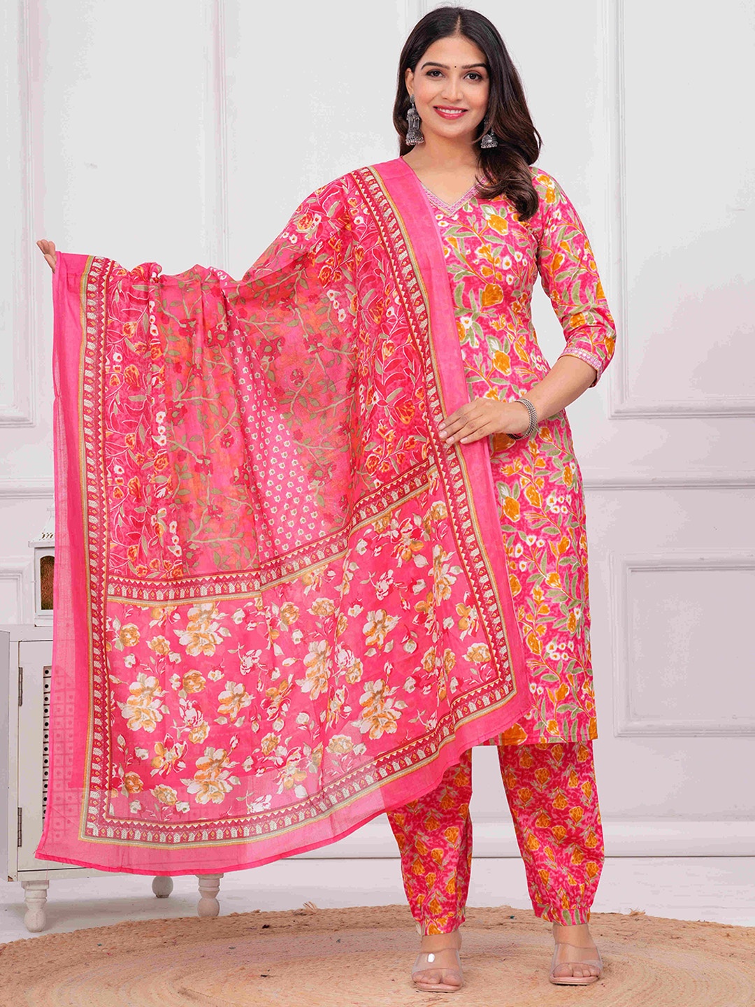 

Aktasa Floral Printed V-Neck Pure Cotton Straight Kurta With Salwar & Dupatta, Pink