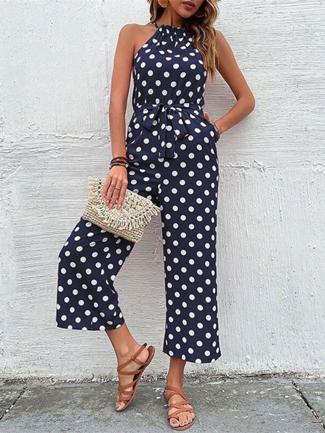 

HERE&NOW Halter Neck Printed Basic Jumpsuit, Navy blue