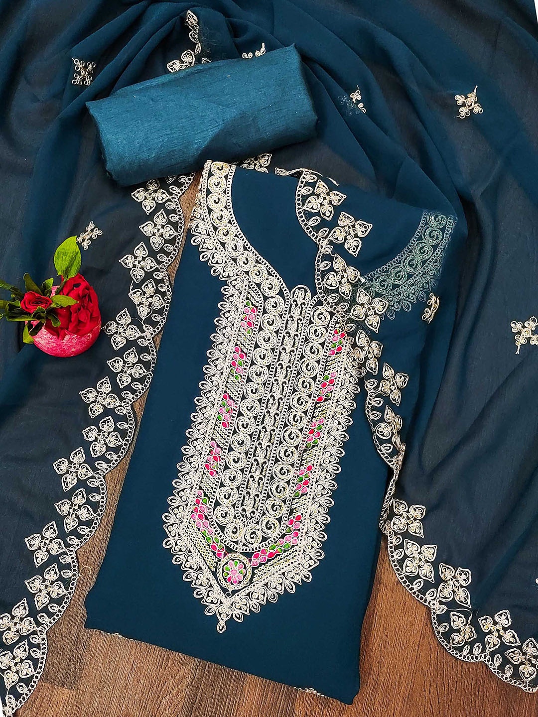 

SAINOOR Embroidered Zari Silk Georgette Unstitched Dress Material, Teal