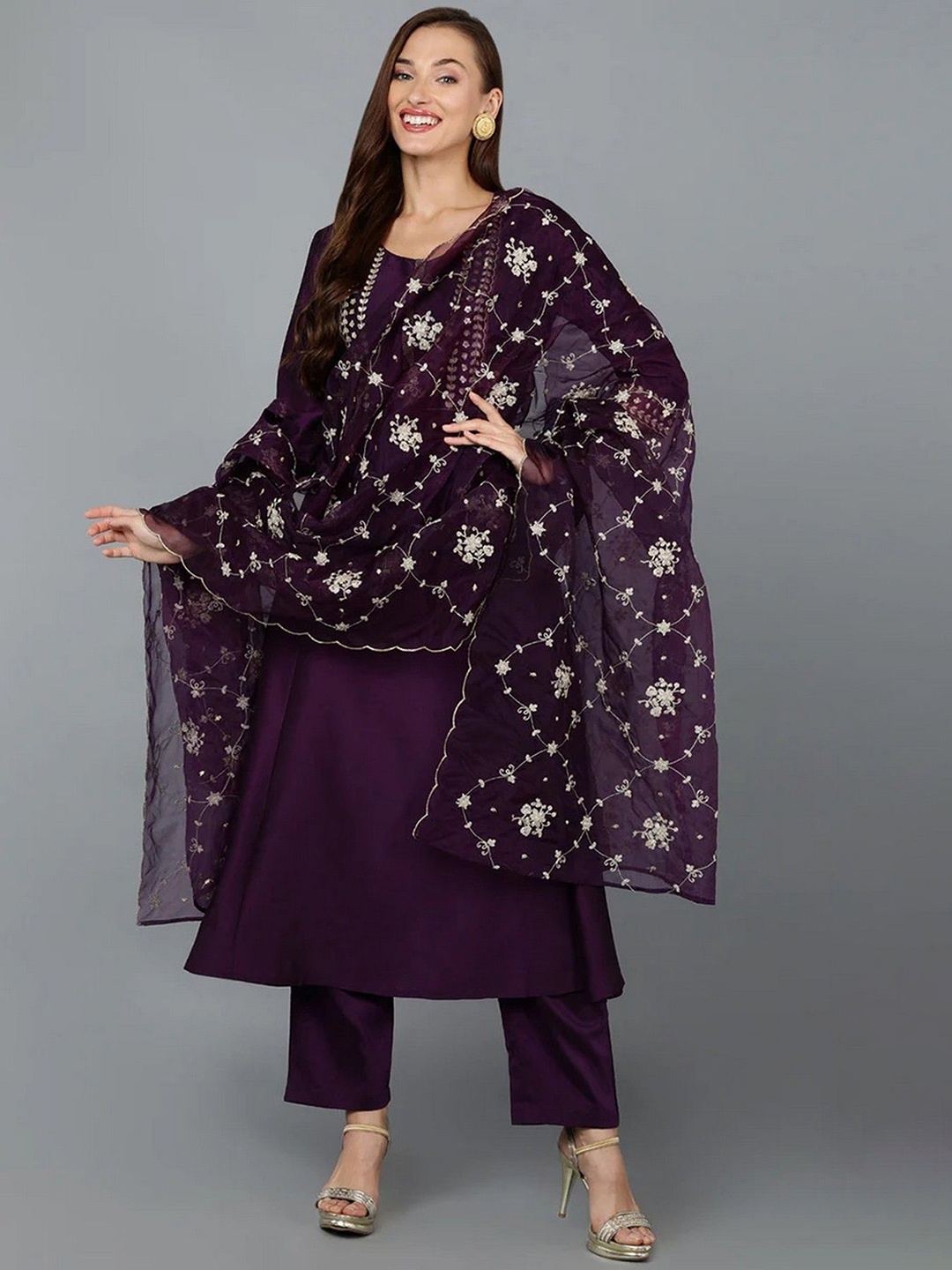 

ZEEPKART Ethnic Motifs Embroidered Beads And Stones Work Kurta With Trouser & Dupatta, Purple