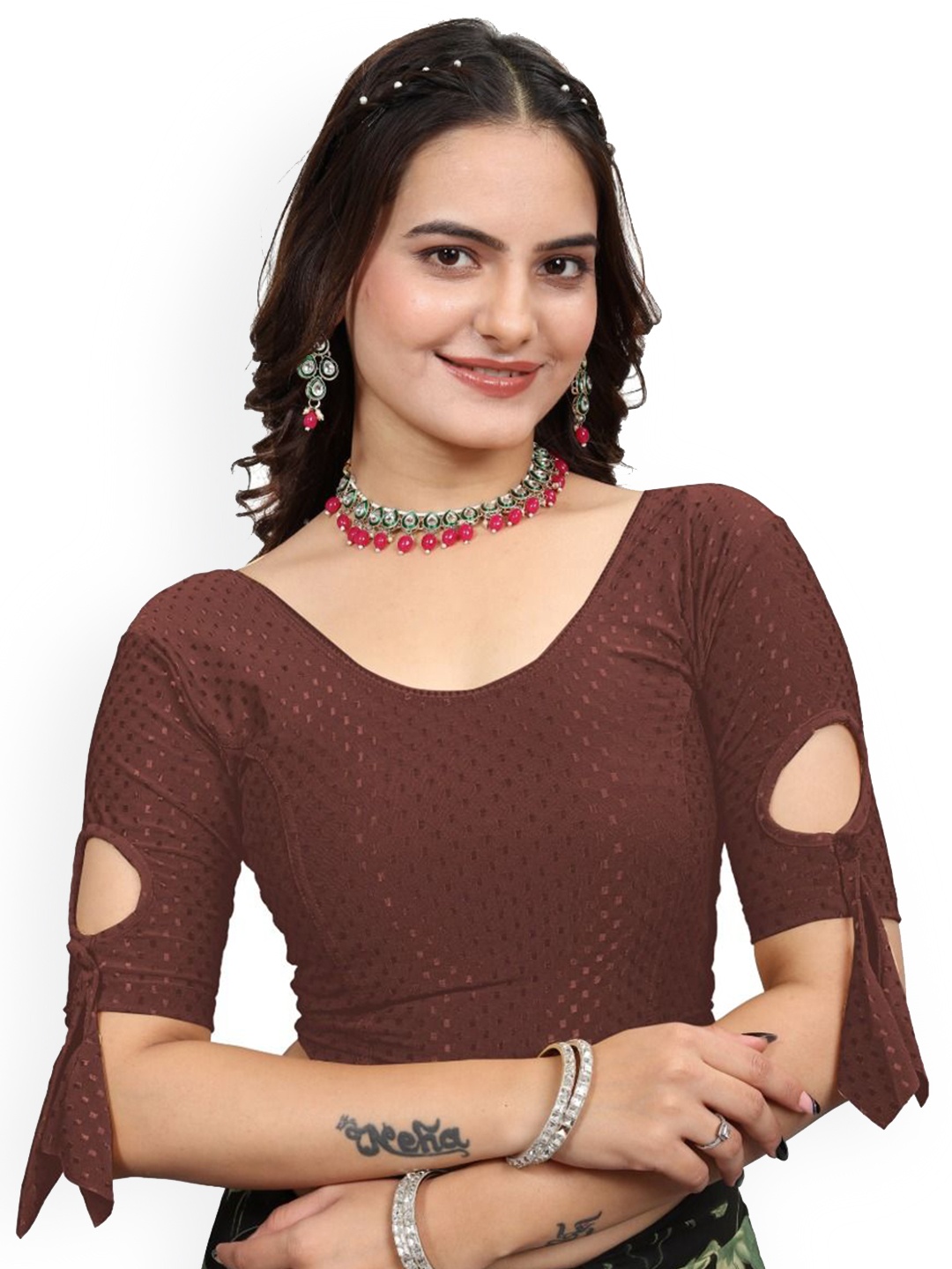 

SS Sanket Synthetics Women Stretchable Cotton Saree Blouse, Brown