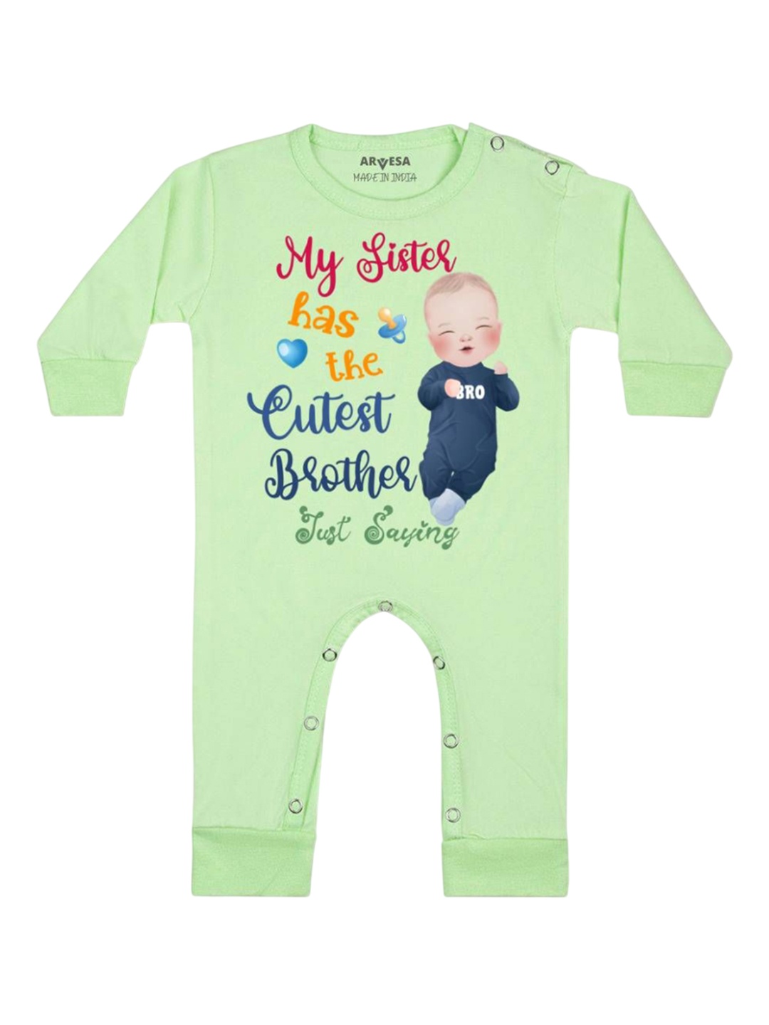 

Arvesa Kids Sister Has The Cutest Brother Printed Baby Romper, Green