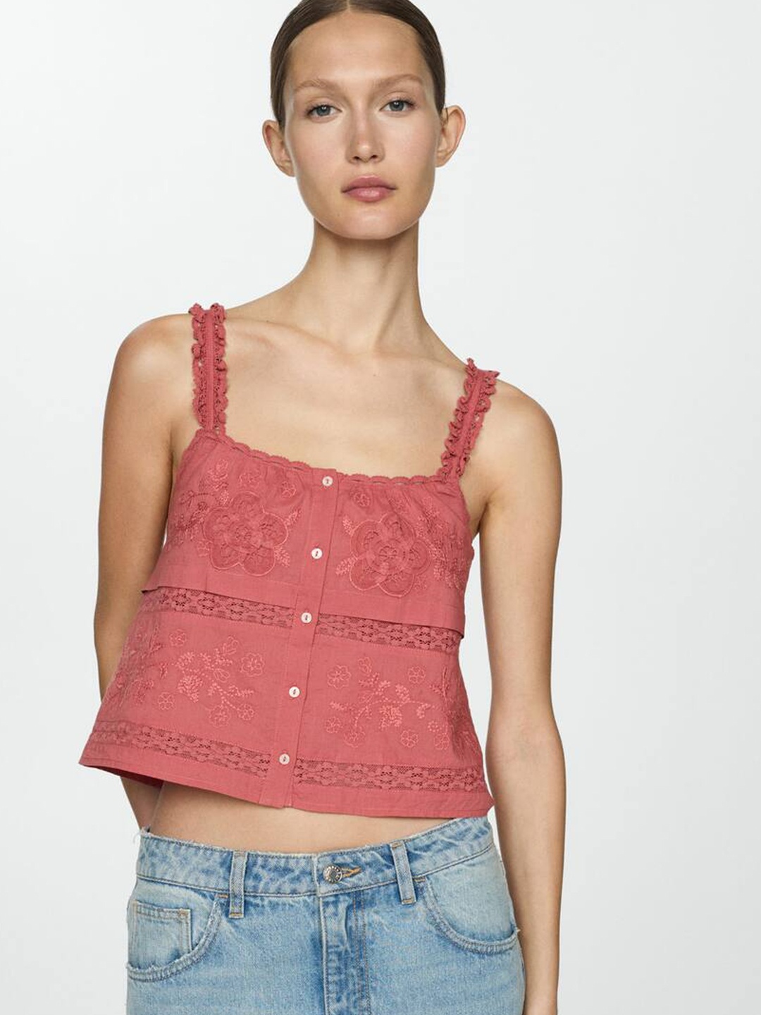 

MANGO Embroidered Cotton Crop Top, Rose