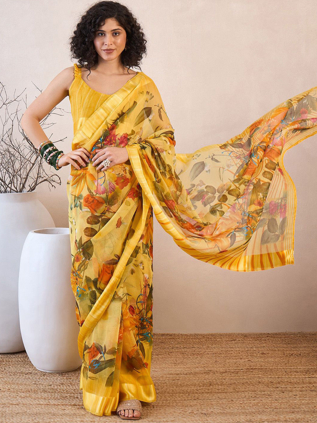 

Mitera Floral Linen Blend Ready to Wear Bagh Saree, Yellow