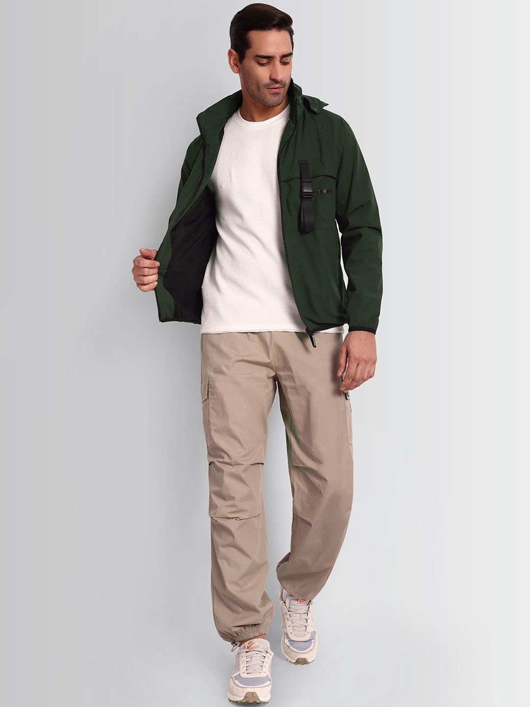 

DCYPHR Men Longline Parka with Patchwork Jacket, Olive
