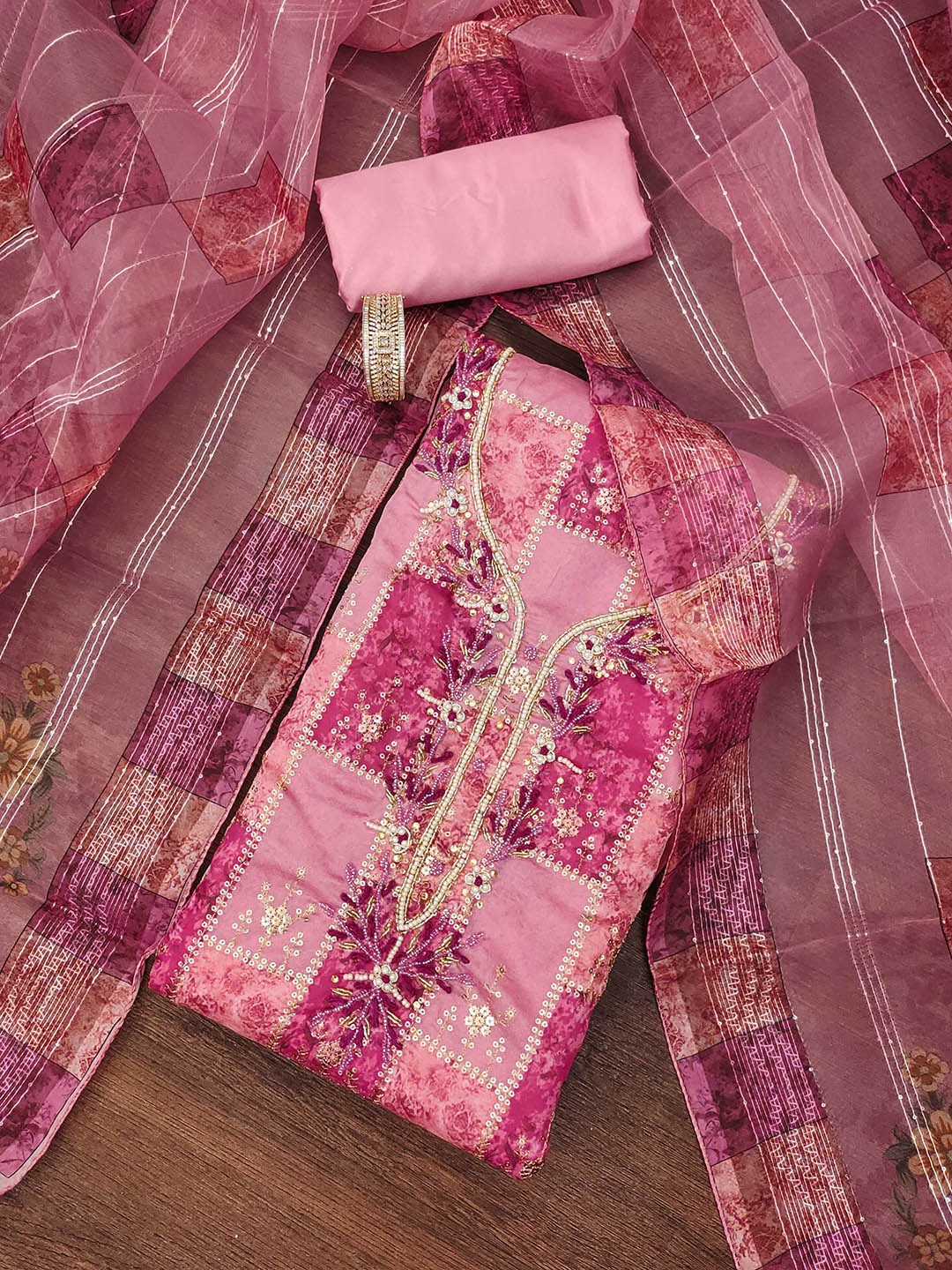 

SAINOOR Embroidered Organza Semi-Stitched Dress Material, Pink