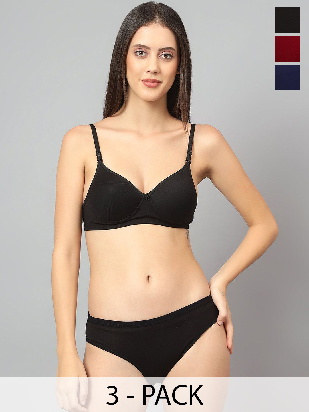 

Designer Bugs Pack Of 3 Cotton Non Padded Non Wired Lingerie Set NPLS-B-NB-M-30B, Black