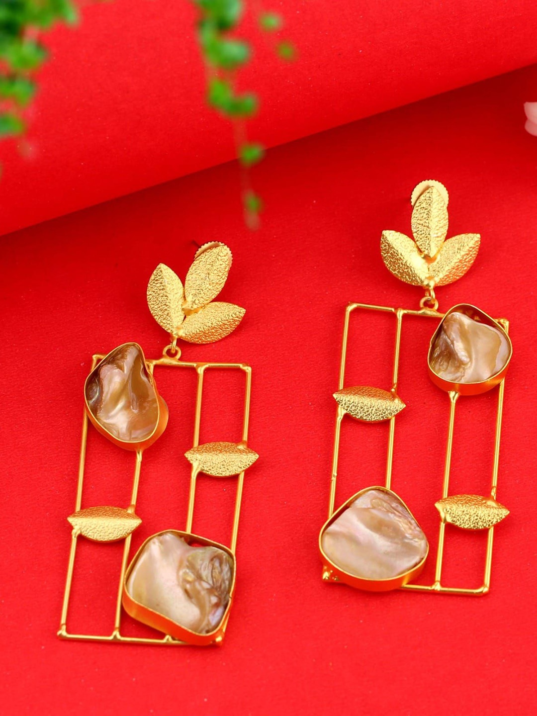 

SANAA CREATIONS Gold-Plated Artificial Stones Studded Geometric Drop Earrings