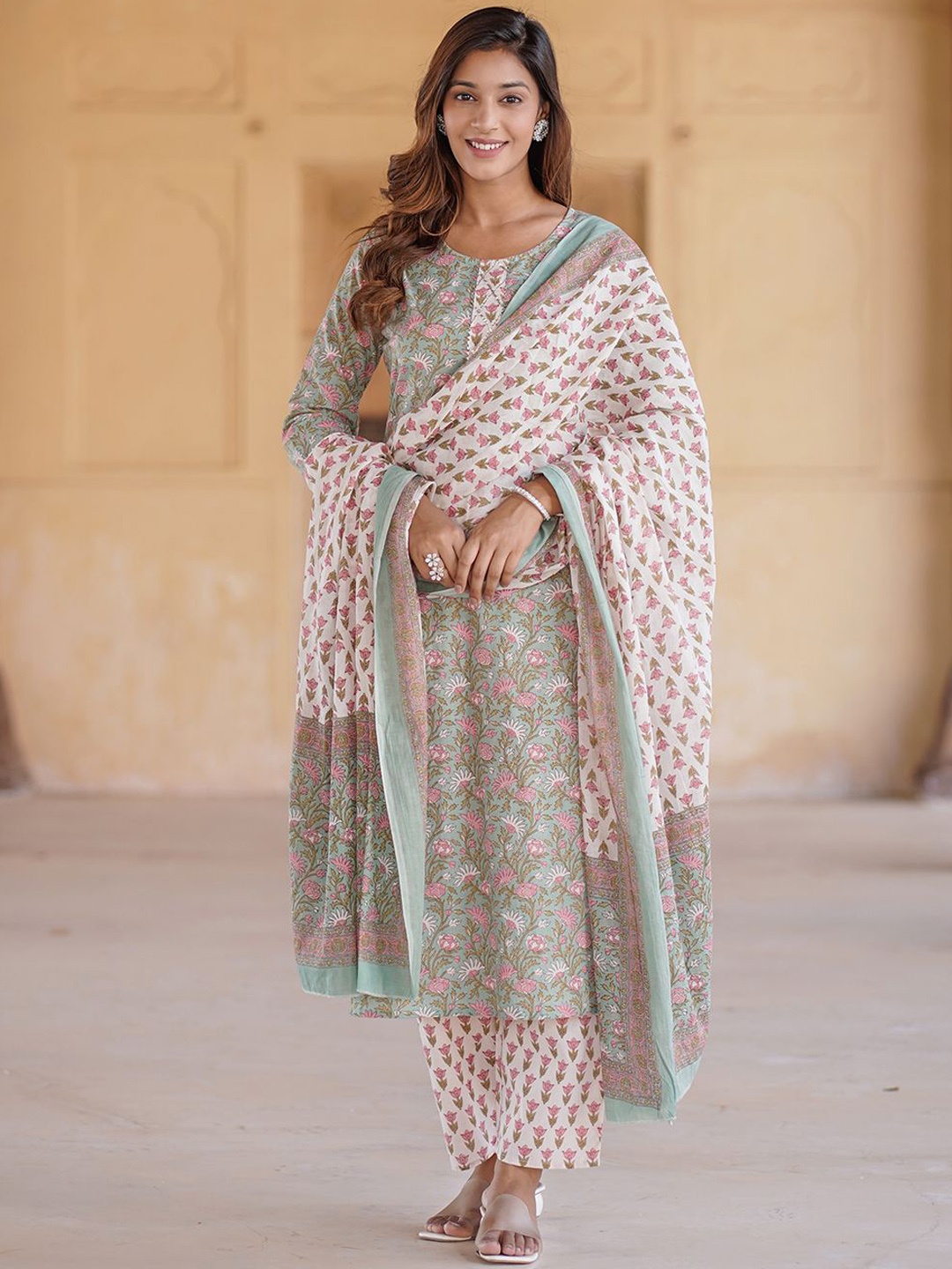 

KALINI Floral Printed Round Neck Pure Cotton Kurta with Trousers & Dupatta, Green