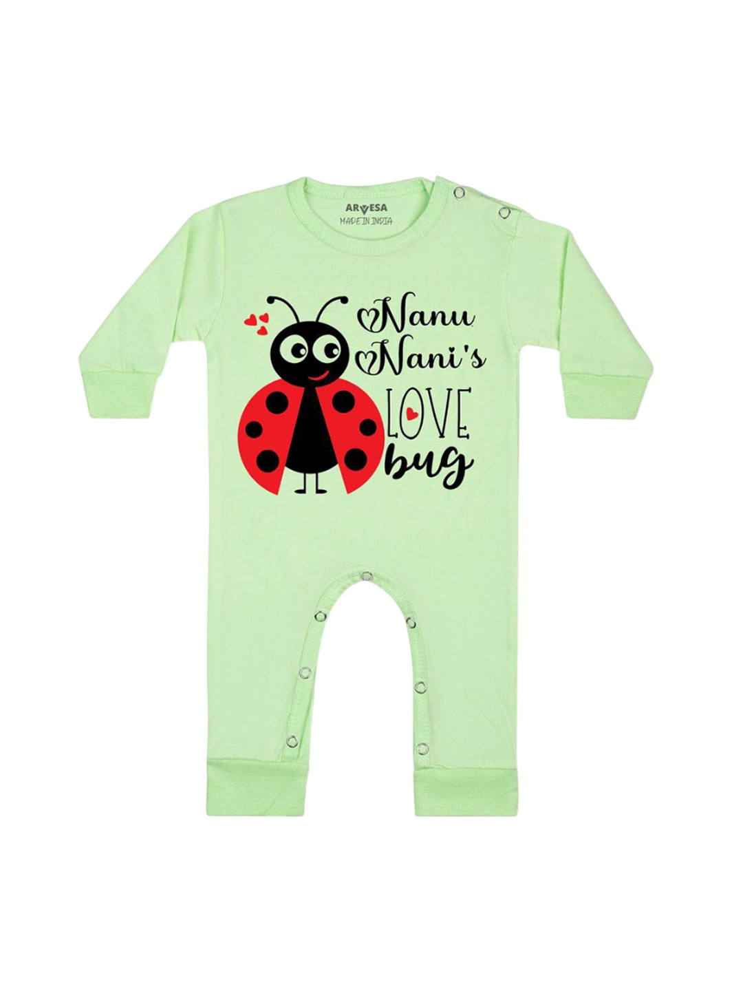 

Arvesa Kids Nanu Nani Love Bug Printed Baby Romper, Green