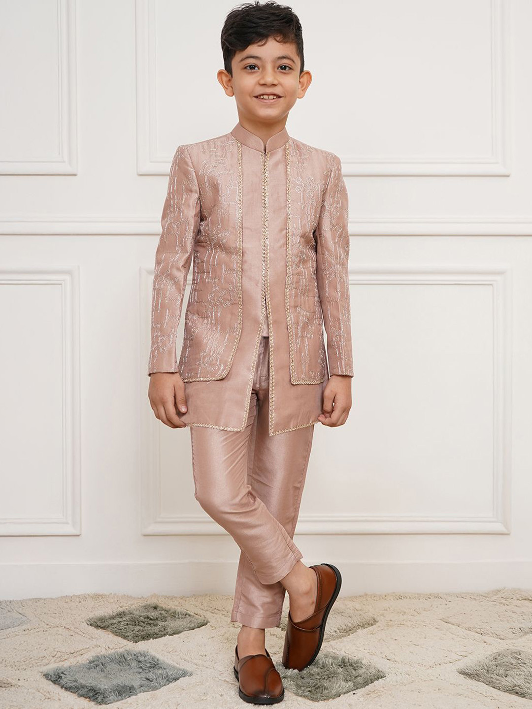 

Vastramay Boys Slim Fit Embroidered Sherwani Set, Rose gold