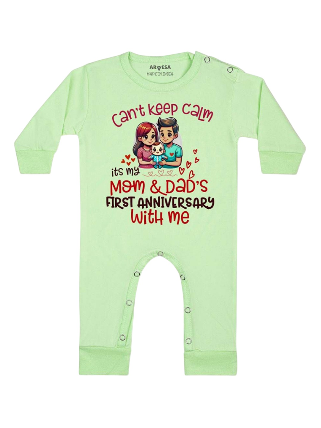 

Arvesa Kids First Anniversary With Mom And Dad Printed Baby Romper, Green