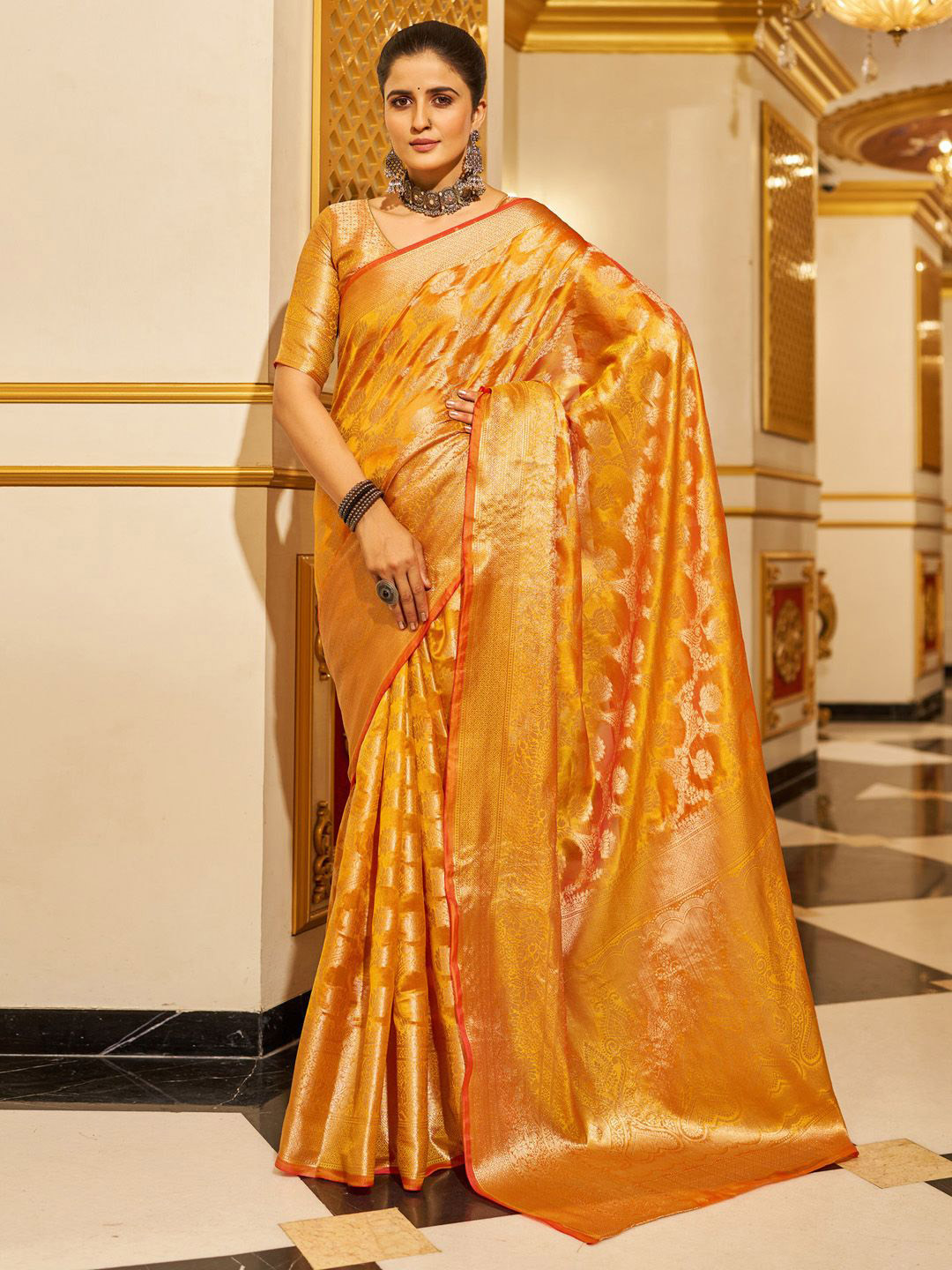 

Mitera Ethnic Motifs Zari Organza Banarasi Saree, Yellow