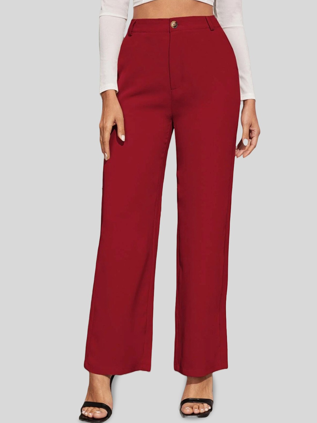 

FNOCKS Women Relaxed Straight Leg High-Rise Trousers, Maroon