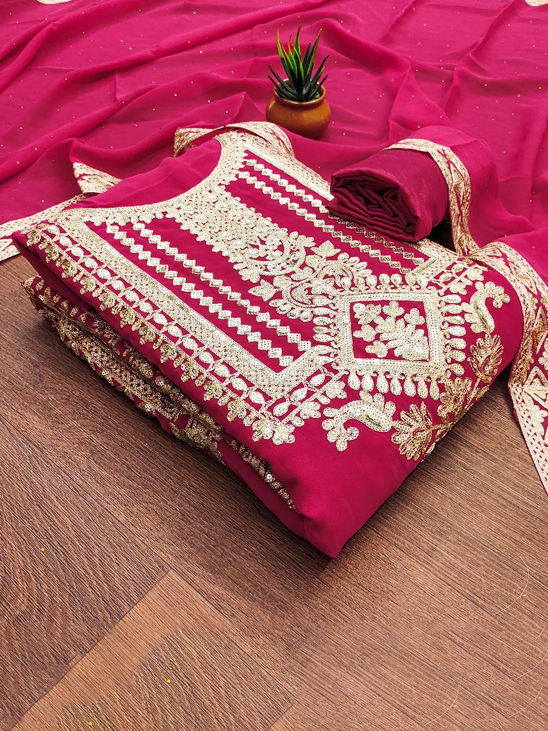

SAINOOR Floral Embroidered Sequinned Georgette Unstitched Dress Material, Pink
