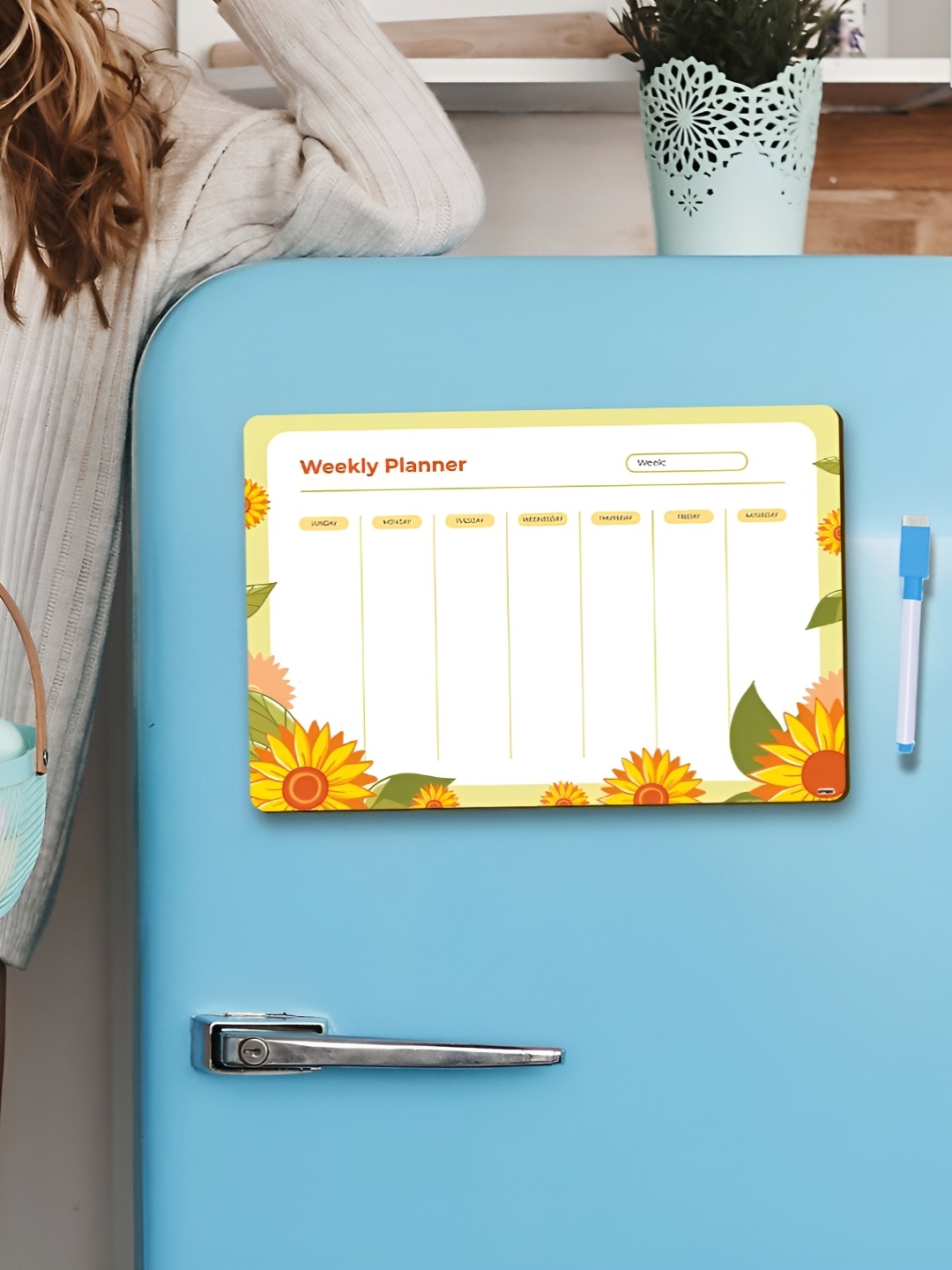 

CVANU White & Yellow Weekly Planner Reusable Magnetic Vinyl Sheet with Marker for Fridge