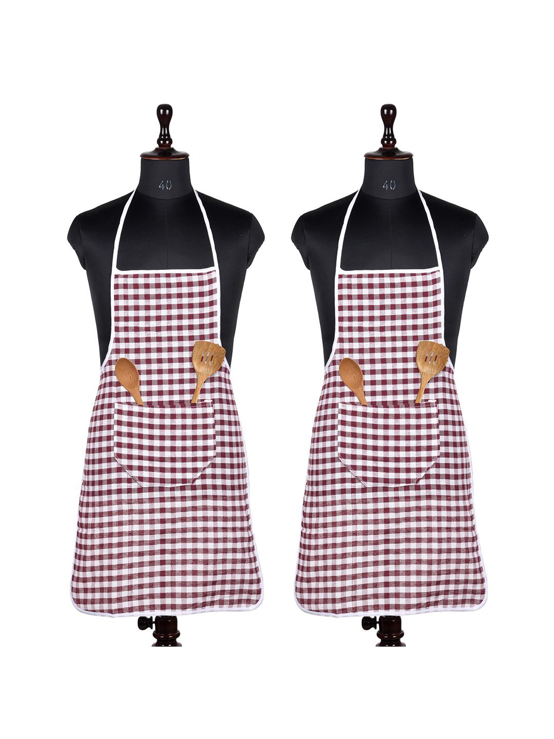 

Kuber Industries Maroon & White 2 Pieces Checked Printed Cotton Kitchen Aprons