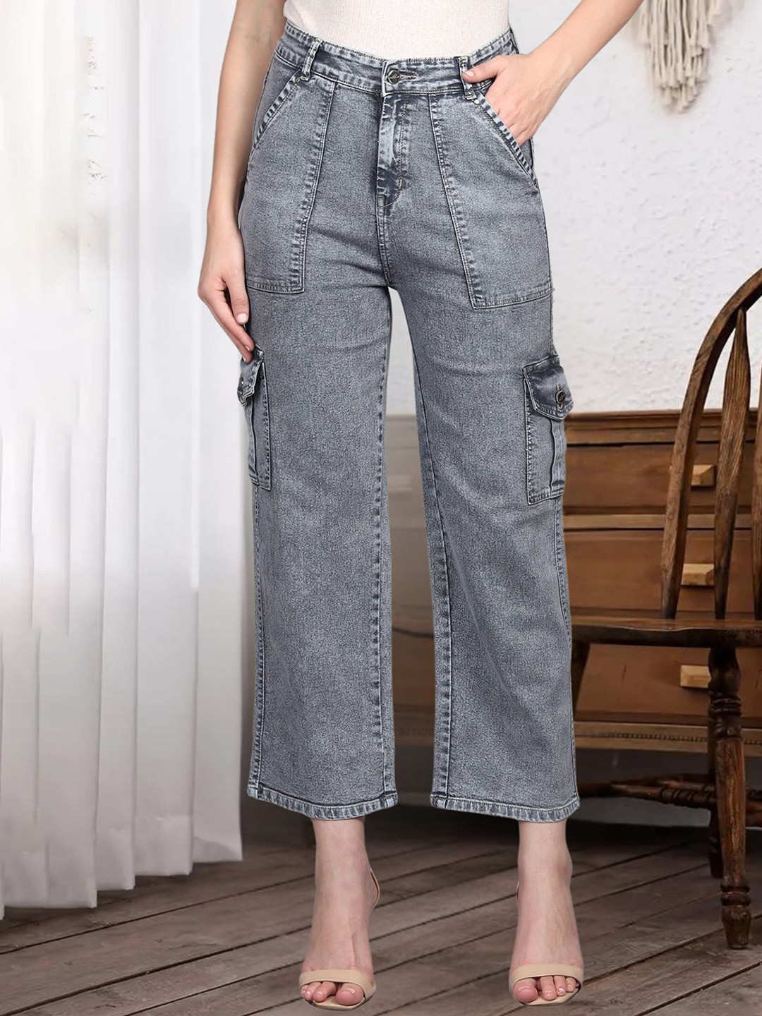 

DressBerry Women Comfort Straight Fit High-Rise Light Fade Acid Wash Stretchable Jeans, Grey