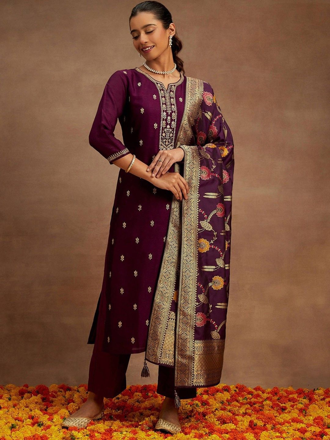 

NIRMAL CREATION Floral Embroidered Thread Work Pure Cotton Kurta With Trousers & Dupatta, Purple
