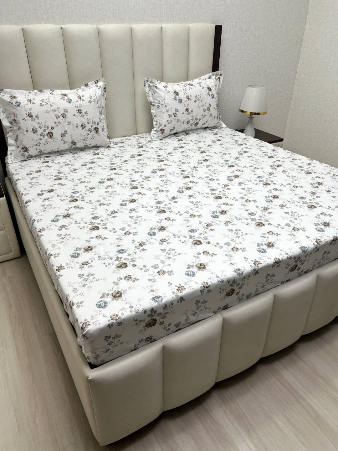 

Pure Decor White & Brown Floral Printed Cotton 400 TC King Bedsheet Set- 2.74 m x 2.74 m