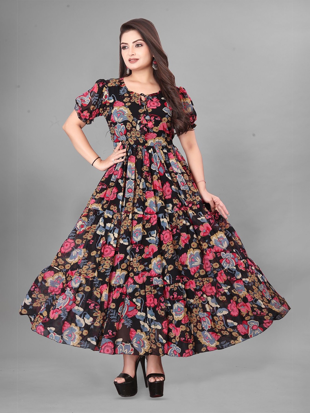 

KRISHTI CREATION Floral Print Puff Sleeve Georgette Fit & Flare Maxi Dress, Black