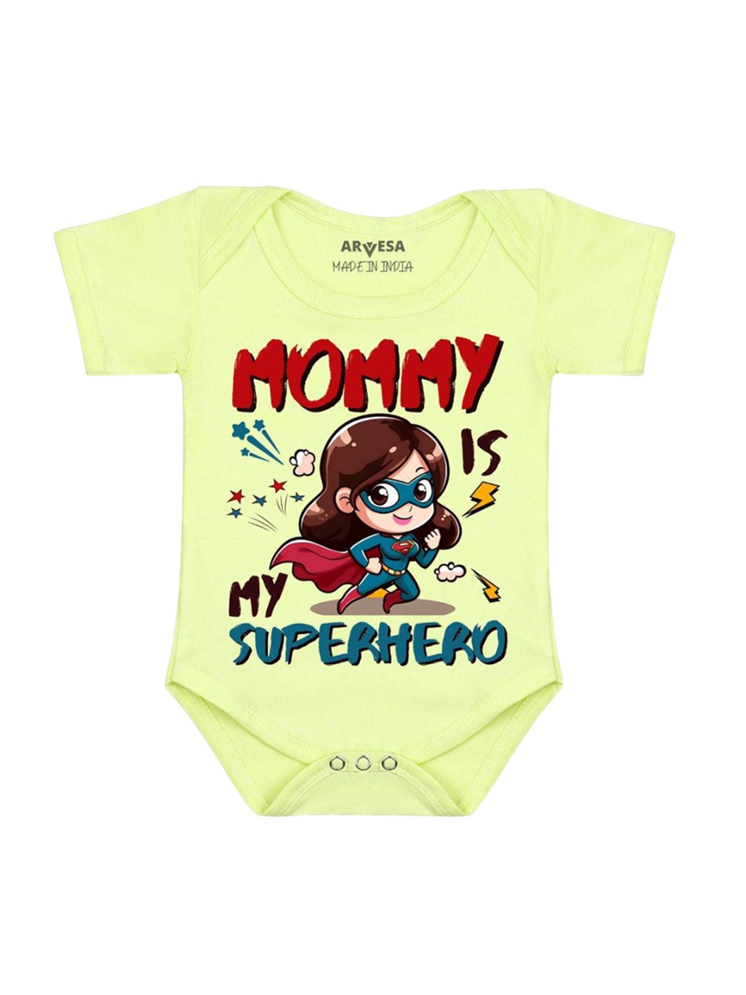 

Arvesa Kids Mommy Is My Superhero Printed Cotton Romper, Yellow