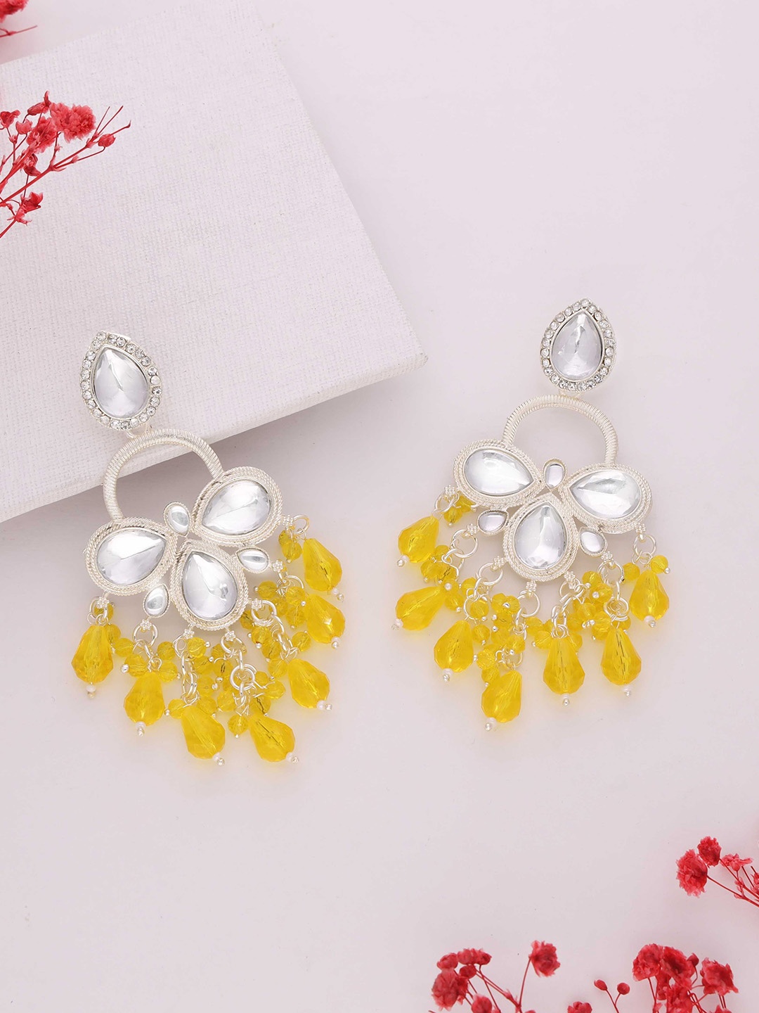 

Lyriss Gold-Plated Artificial Stones Studded And Beaded Floral Shaped Drop Earrings