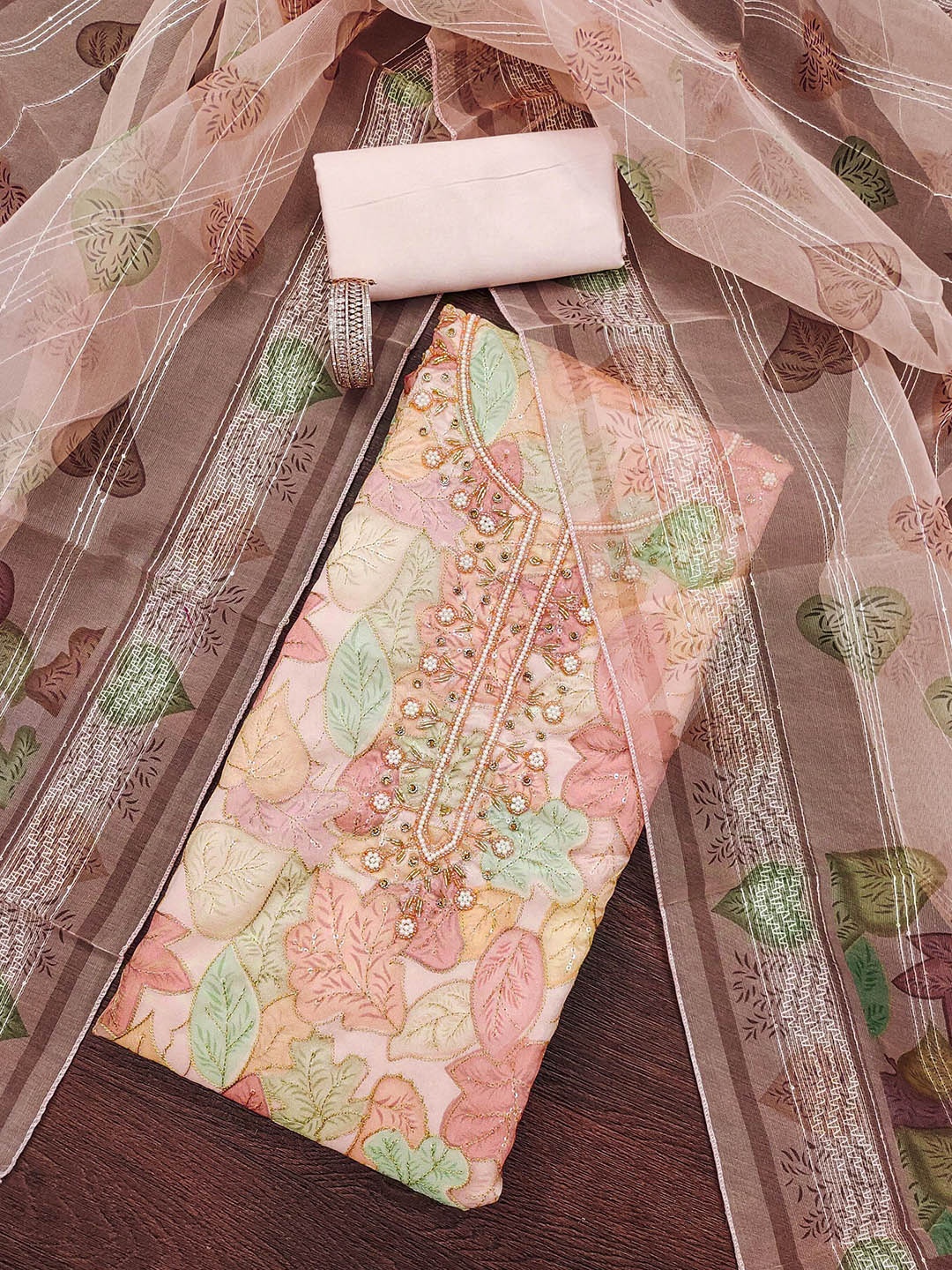 

SAINOOR Embroidered Organza Semi-Stitched Dress Material, Peach