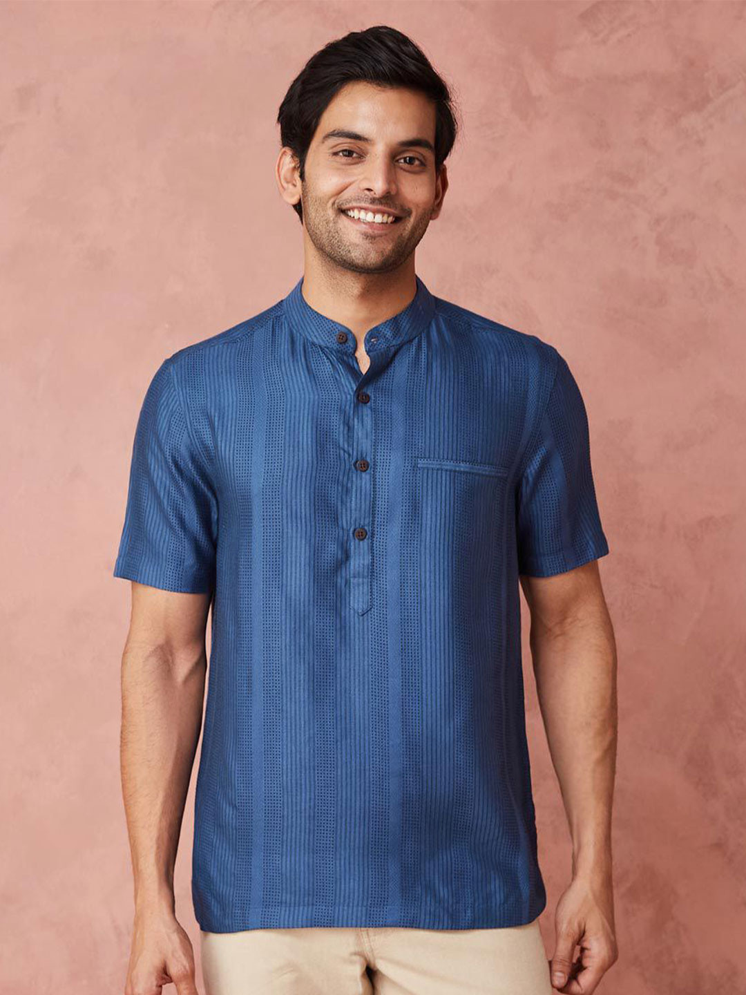 

Fabindia Men Slim Fit Opaque Striped Casual Shirt, Blue