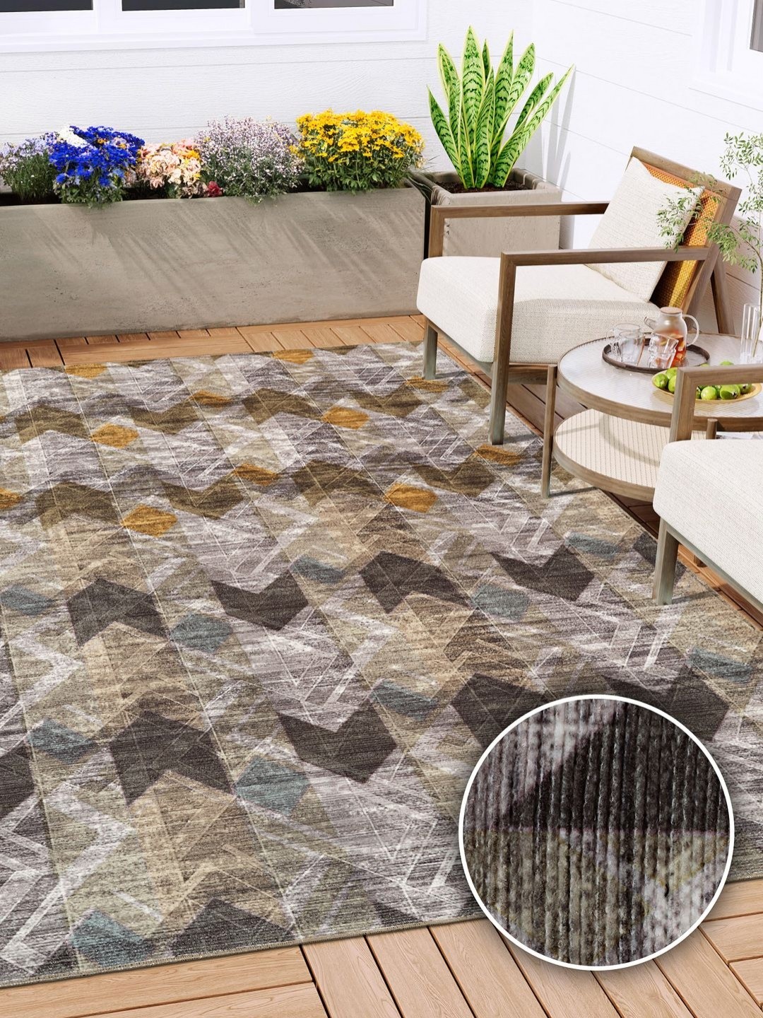 

Kaleen India Gold-Toned & Grey Geometric Printed Anti-Skid Washable Carpet