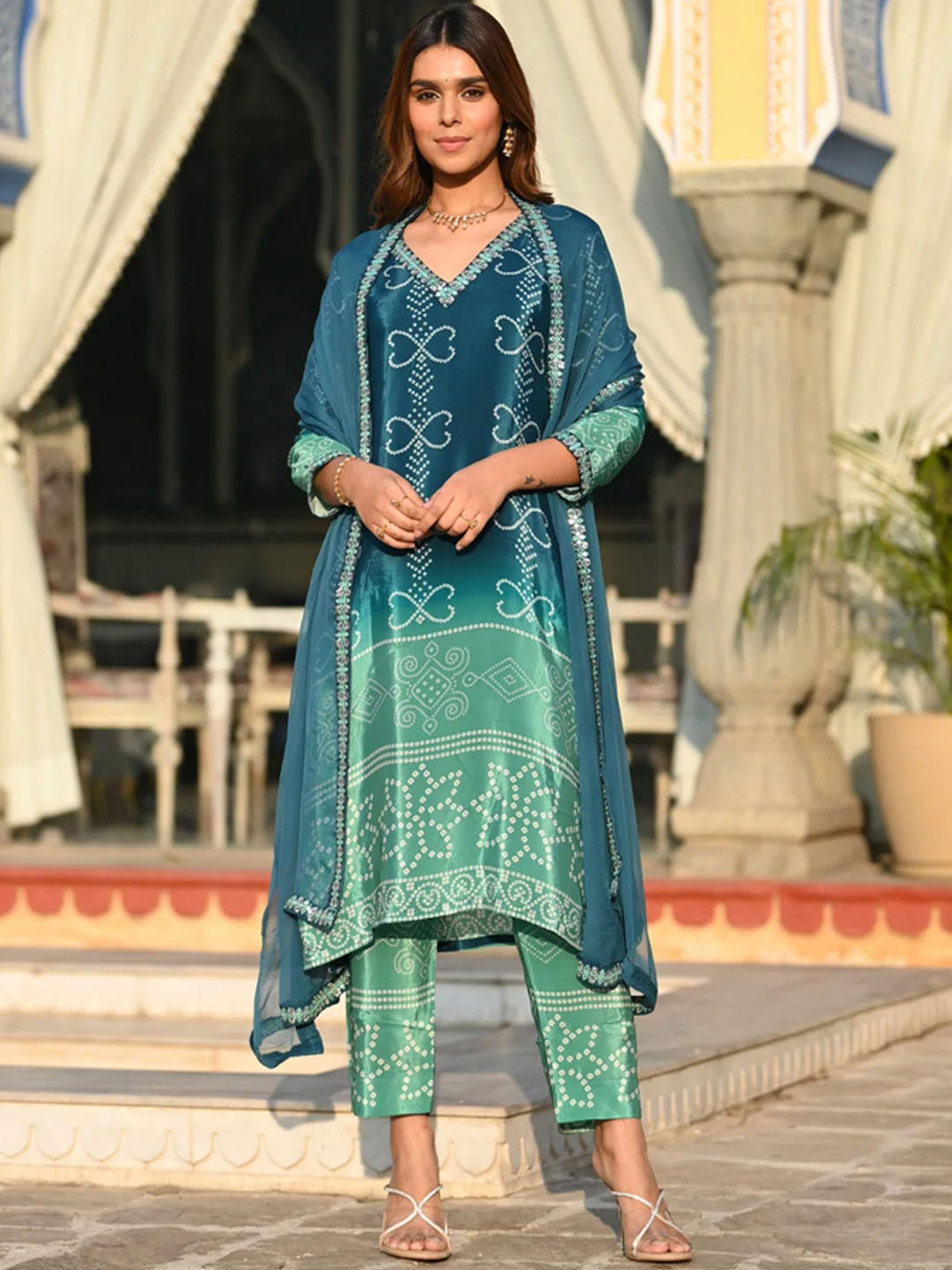 

NIZA FASHION Women Ethnic Motifs Embroidered Regular Sequinned Kurta with Trousers & With Dupatta, Turquoise blue