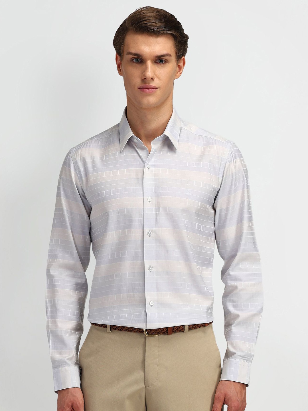 

Arrow New York Men Slim Fit Horizontal Stripes Opaque Striped Formal Shirt, Grey