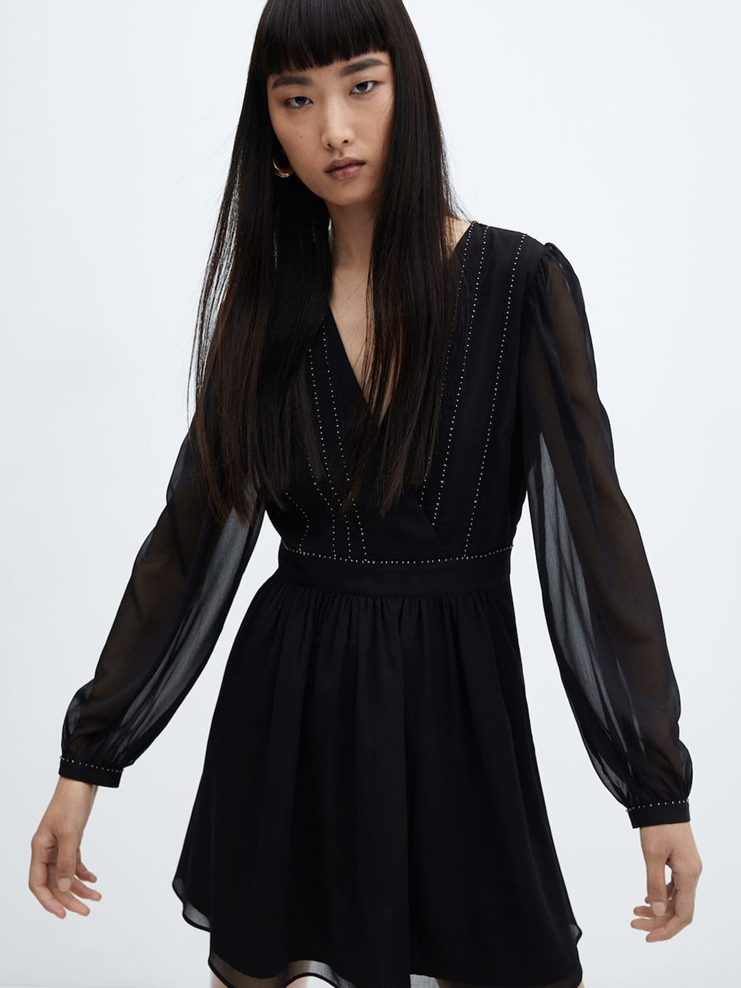 

MANGO Beaded Detail Semi-Sheer Dress, Black
