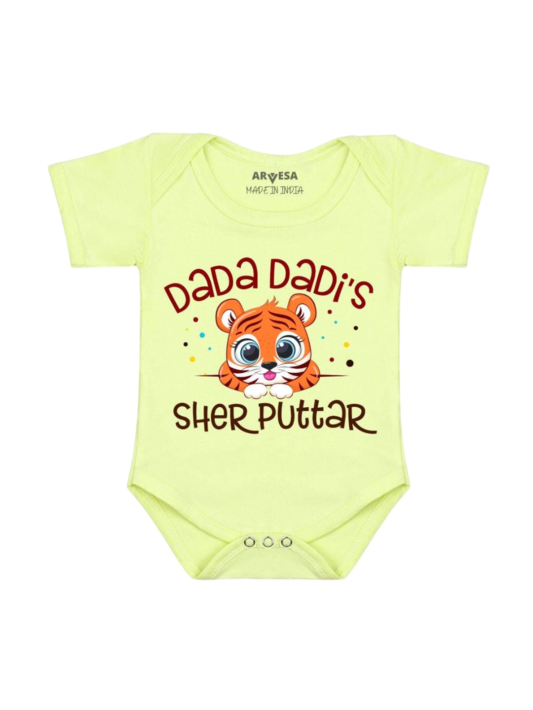 

Arvesa Kids Dada Dadi Sher Puttar Printed Romper, Yellow