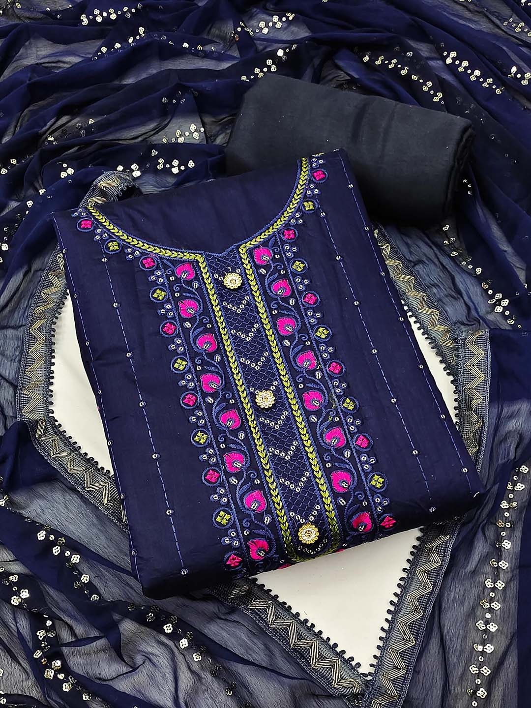 

SAINOOR Floral Embroidered Sequinned Semi-Stitched Dress Material, Blue