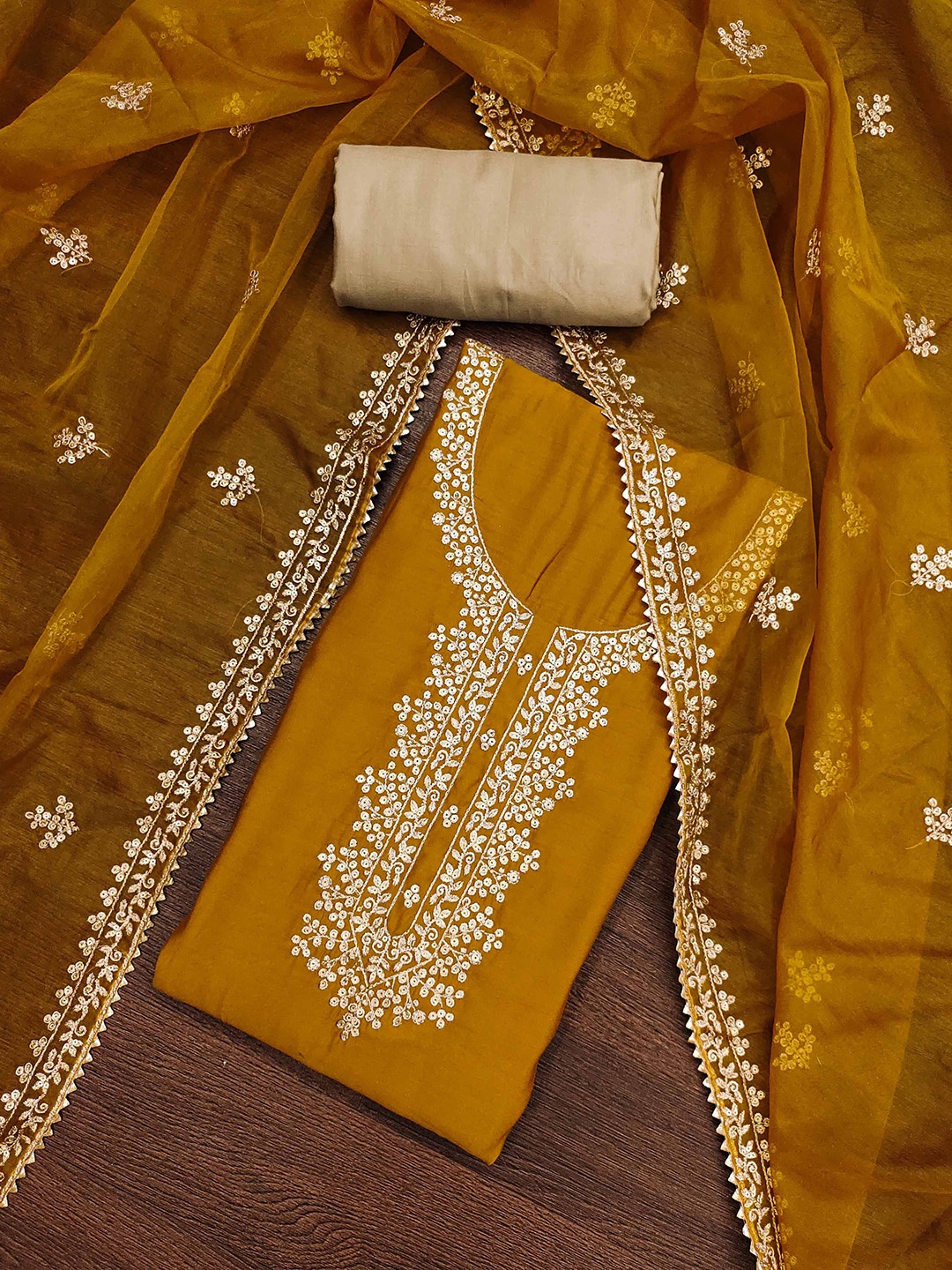 

SAINOOR Floral Embroidered Pure Cotton Semi-Stitched Dress Material, Mustard