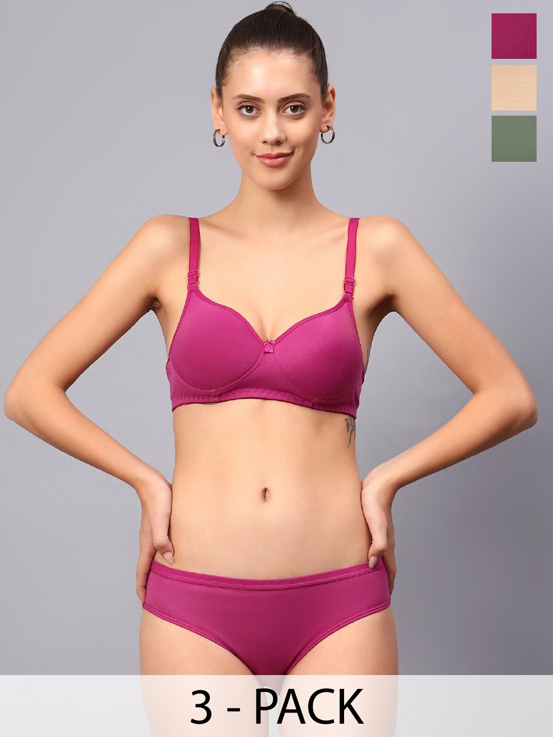 

Designer Bugs Pack Of 3 Cotton Non Padded Non Wired Lingerie Set NPLS-DP-O-PH-30B, Purple