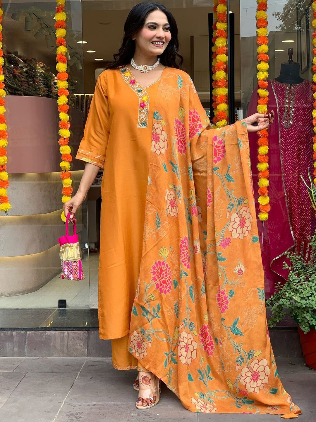 

ZEEPKART Floral Embroidered V-Neck Sequinned Straight Kurta With Trousers & Dupatta, Peach
